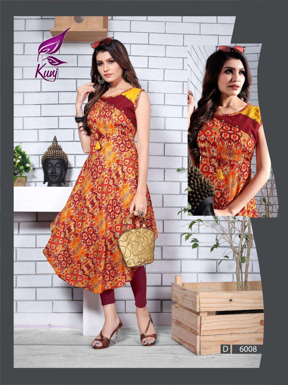 UREB VOL-6 BY KUNJ 6001 TO 6010 SERIES BEAUTIFUL STYLISH COLORFUL FANCY PARTY WEAR & ETHNIC WEAR & READY TO WEAR RAYON 14 KG PRINTED KURTIS AT WHOLESALE PRICE