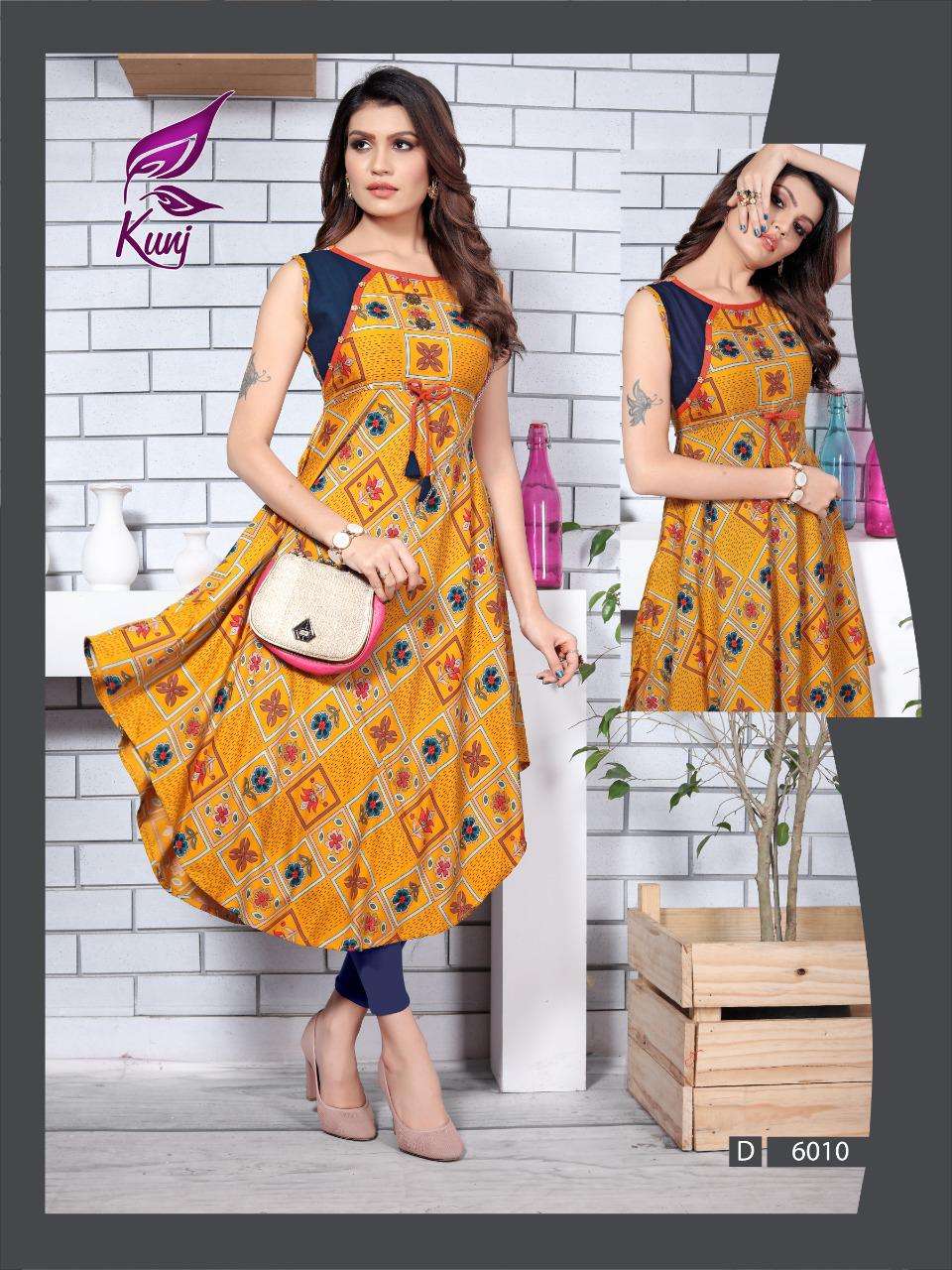 UREB VOL-6 BY KUNJ 6001 TO 6010 SERIES BEAUTIFUL STYLISH COLORFUL FANCY PARTY WEAR & ETHNIC WEAR & READY TO WEAR RAYON 14 KG PRINTED KURTIS AT WHOLESALE PRICE
