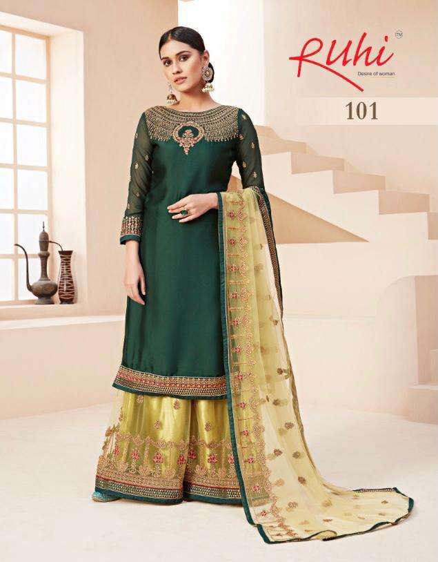DESIRE OF WOMEN BY RUHI 101 TO 105 SERIES BEAUTIFUL STYLISH FANCY COLORFUL CASUAL WEAR & ETHNIC WEAR & READY TO WEAR SATIN GEORGETTE/RANGOLI WITH EMBROIDERY DRESSES AT WHOLESALE PRICE