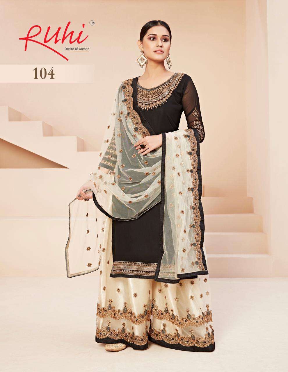 DESIRE OF WOMEN BY RUHI 101 TO 105 SERIES BEAUTIFUL STYLISH FANCY COLORFUL CASUAL WEAR & ETHNIC WEAR & READY TO WEAR SATIN GEORGETTE/RANGOLI WITH EMBROIDERY DRESSES AT WHOLESALE PRICE