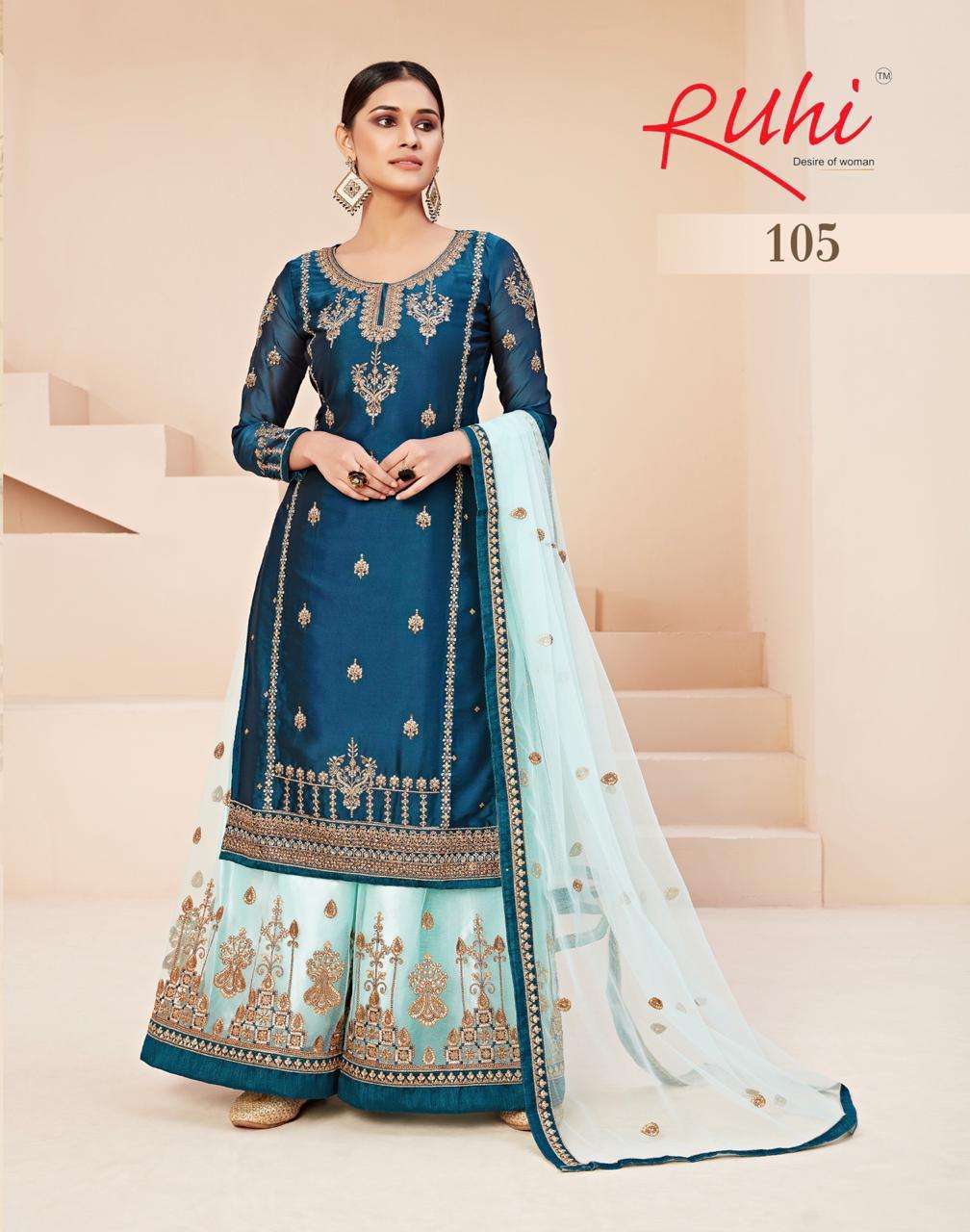 DESIRE OF WOMEN BY RUHI 101 TO 105 SERIES BEAUTIFUL STYLISH FANCY COLORFUL CASUAL WEAR & ETHNIC WEAR & READY TO WEAR SATIN GEORGETTE/RANGOLI WITH EMBROIDERY DRESSES AT WHOLESALE PRICE
