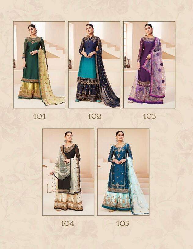 DESIRE OF WOMEN BY RUHI 101 TO 105 SERIES BEAUTIFUL STYLISH FANCY COLORFUL CASUAL WEAR & ETHNIC WEAR & READY TO WEAR SATIN GEORGETTE/RANGOLI WITH EMBROIDERY DRESSES AT WHOLESALE PRICE