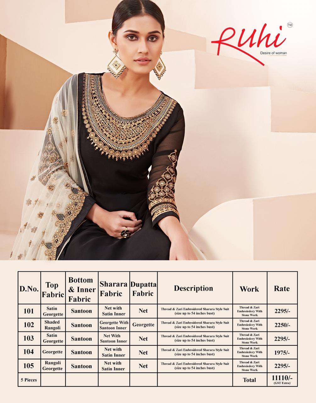 DESIRE OF WOMEN BY RUHI 101 TO 105 SERIES BEAUTIFUL STYLISH FANCY COLORFUL CASUAL WEAR & ETHNIC WEAR & READY TO WEAR SATIN GEORGETTE/RANGOLI WITH EMBROIDERY DRESSES AT WHOLESALE PRICE