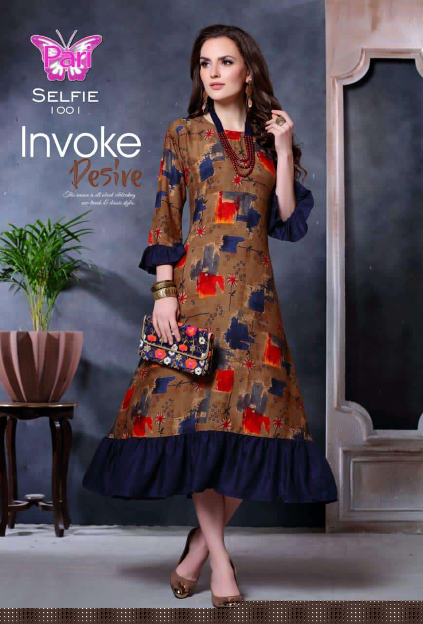 SELFIE BY PARI 1001 TO 1006 SERIES BEAUTIFUL STYLISH COLORFUL FANCY PARTY WEAR & ETHNIC WEAR & READY TO WEAR RAYON 14 KG PRINTED KURTIS AT WHOLESALE PRICE