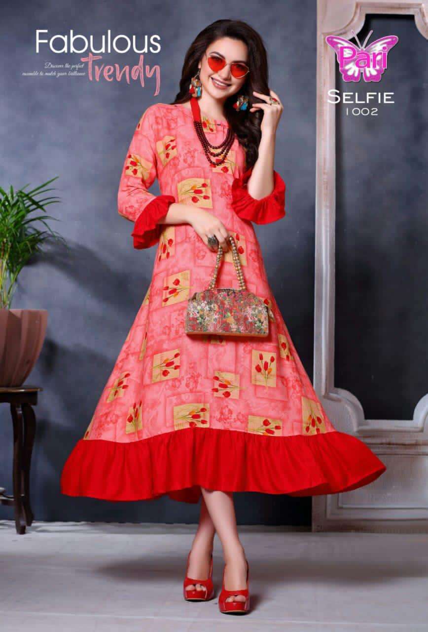 SELFIE BY PARI 1001 TO 1006 SERIES BEAUTIFUL STYLISH COLORFUL FANCY PARTY WEAR & ETHNIC WEAR & READY TO WEAR RAYON 14 KG PRINTED KURTIS AT WHOLESALE PRICE