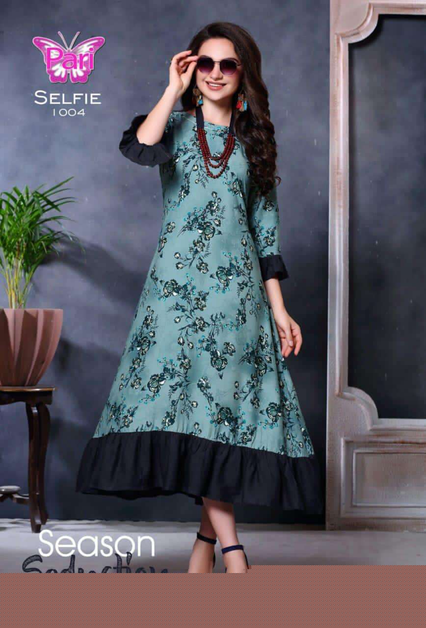 SELFIE BY PARI 1001 TO 1006 SERIES BEAUTIFUL STYLISH COLORFUL FANCY PARTY WEAR & ETHNIC WEAR & READY TO WEAR RAYON 14 KG PRINTED KURTIS AT WHOLESALE PRICE