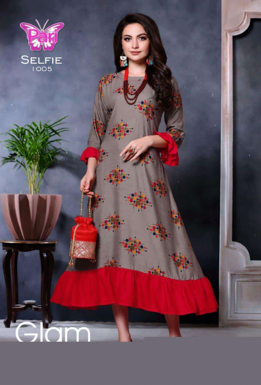 SELFIE BY PARI 1001 TO 1006 SERIES BEAUTIFUL STYLISH COLORFUL FANCY PARTY WEAR & ETHNIC WEAR & READY TO WEAR RAYON 14 KG PRINTED KURTIS AT WHOLESALE PRICE