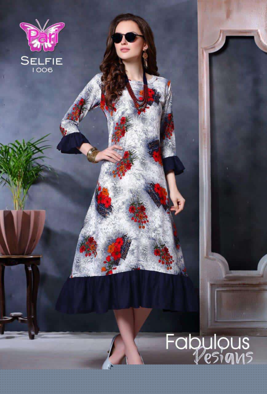 SELFIE BY PARI 1001 TO 1006 SERIES BEAUTIFUL STYLISH COLORFUL FANCY PARTY WEAR & ETHNIC WEAR & READY TO WEAR RAYON 14 KG PRINTED KURTIS AT WHOLESALE PRICE