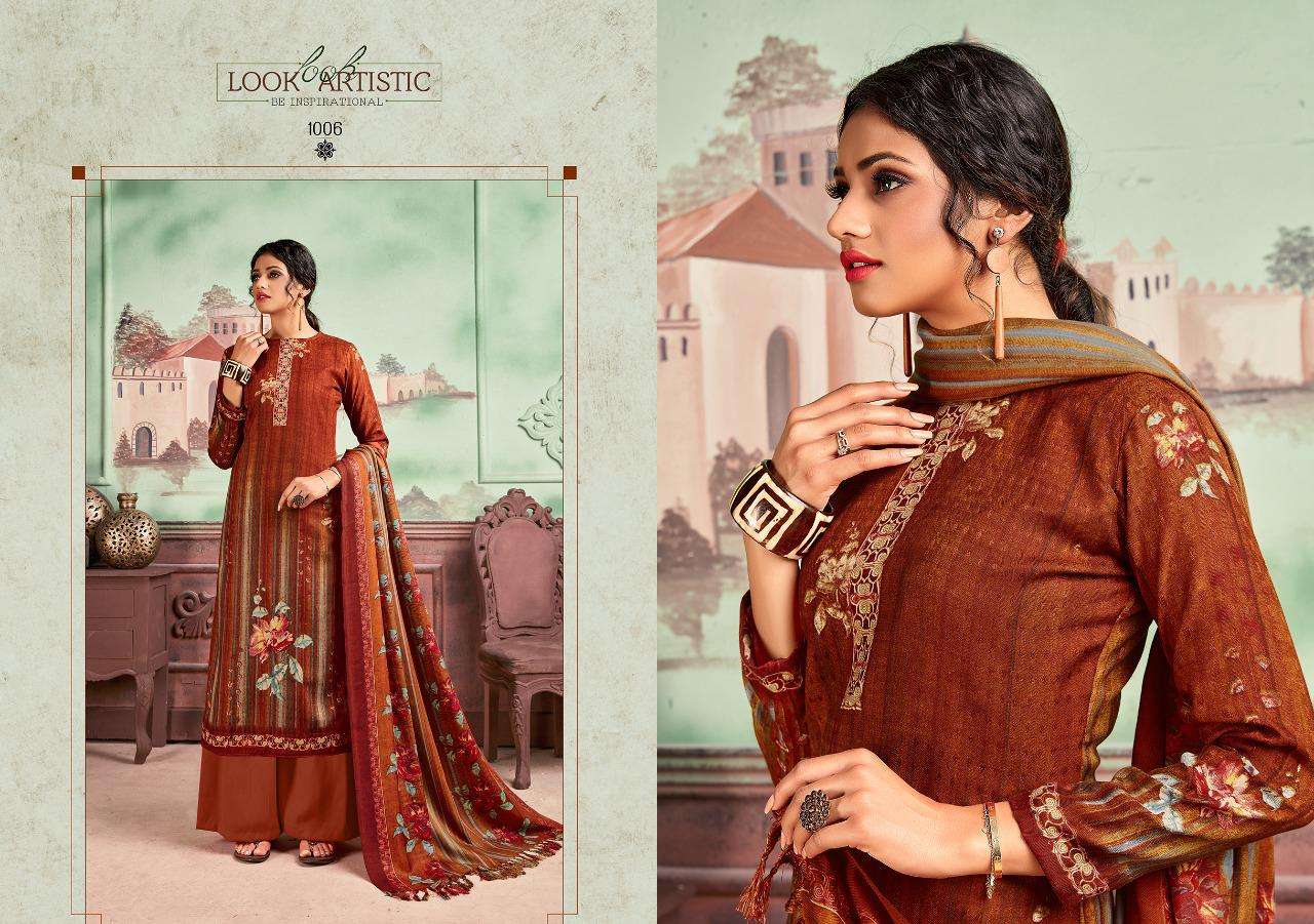 MARQUINA BY RICCO 1001 TO 1008 SERIES BEAUTIFUL SUITS STYLISH FANCY COLORFUL CASUAL WEAR & ETHNIC WEAR WOOL PASHMINA DIGITAL PRINTED DRESSES AT WHOLESALE PRICE