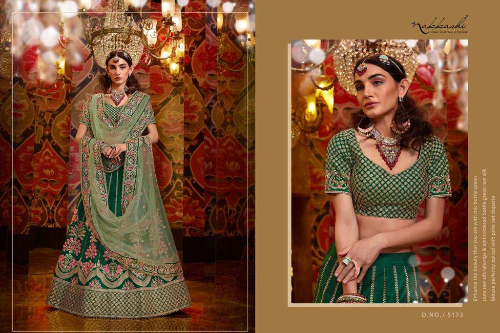 JASHN BY NAKKASHI 5173 TO 5183 SERIES BEAUTIFUL COLORFUL FANCY WEDDING COLLECTION OCCASIONAL WEAR & PARTY WEAR GREEN PURE RAW SILK LEHENGAS AT WHOLESALE PRICE