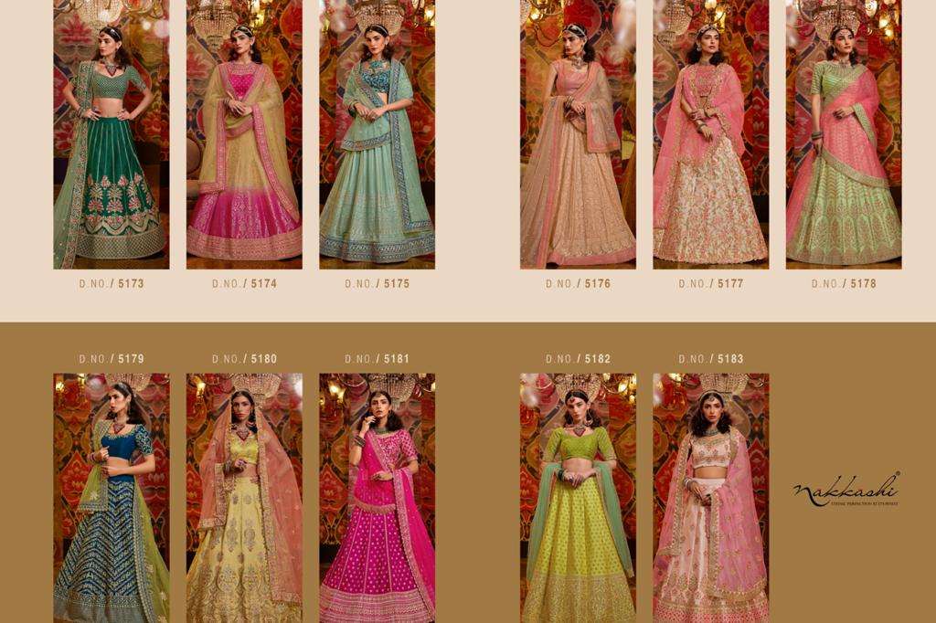 JASHN BY NAKKASHI 5173 TO 5183 SERIES BEAUTIFUL COLORFUL FANCY WEDDING COLLECTION OCCASIONAL WEAR & PARTY WEAR GREEN PURE RAW SILK LEHENGAS AT WHOLESALE PRICE