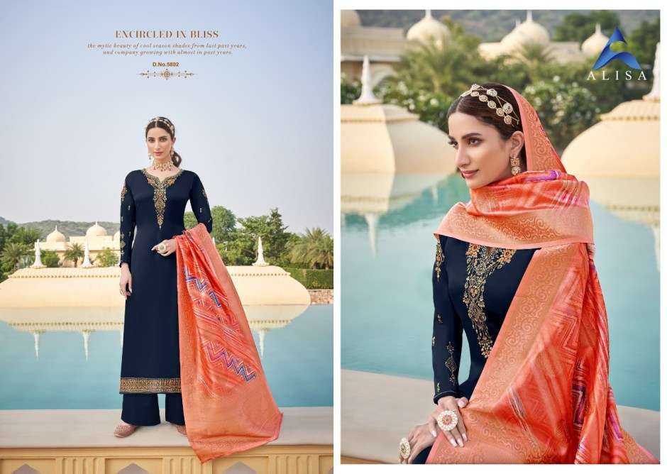SUHAN VOL-5 BY ALISA 5801 TO 5806 SERIES BEAUTIFUL SUITS STYLISH FANCY COLORFUL CASUAL WEAR & ETHNIC WEAR SATIN GEORGETTE WITH HEAVY WORK DRESSES AT WHOLESALE PRICE