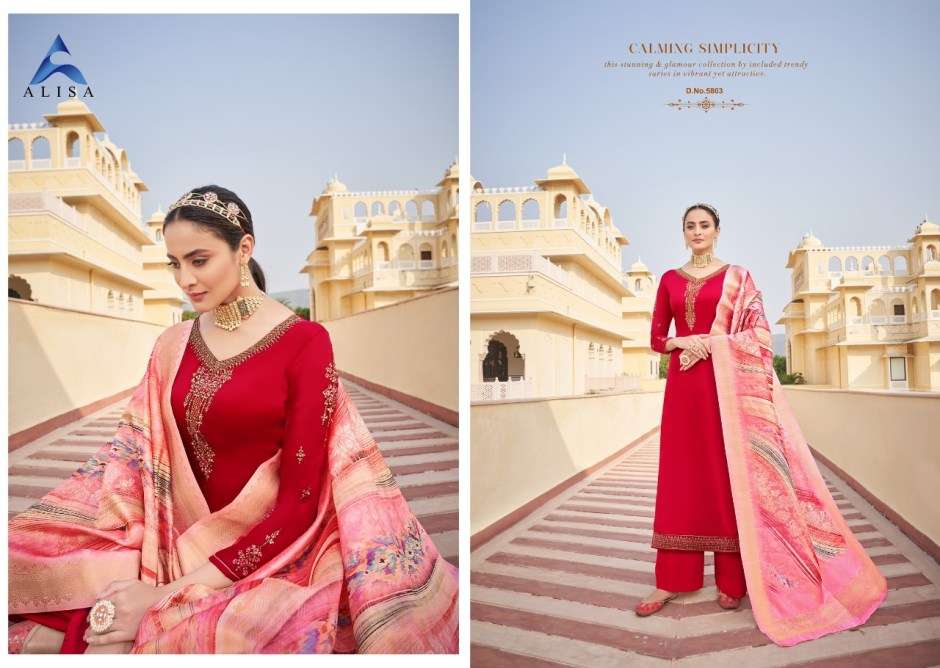 SUHAN VOL-5 BY ALISA 5801 TO 5806 SERIES BEAUTIFUL SUITS STYLISH FANCY COLORFUL CASUAL WEAR & ETHNIC WEAR SATIN GEORGETTE WITH HEAVY WORK DRESSES AT WHOLESALE PRICE