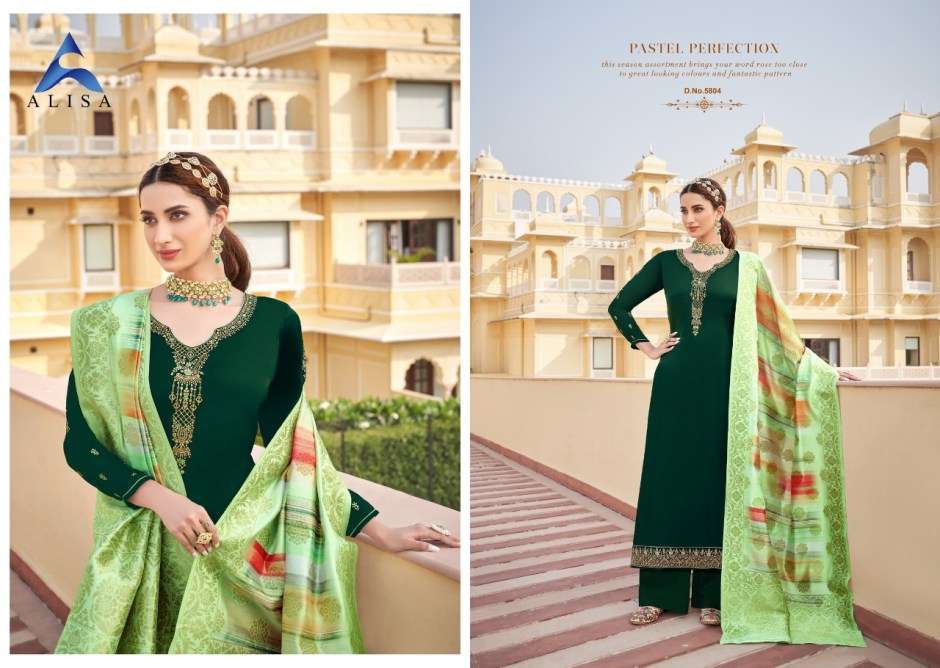 SUHAN VOL-5 BY ALISA 5801 TO 5806 SERIES BEAUTIFUL SUITS STYLISH FANCY COLORFUL CASUAL WEAR & ETHNIC WEAR SATIN GEORGETTE WITH HEAVY WORK DRESSES AT WHOLESALE PRICE