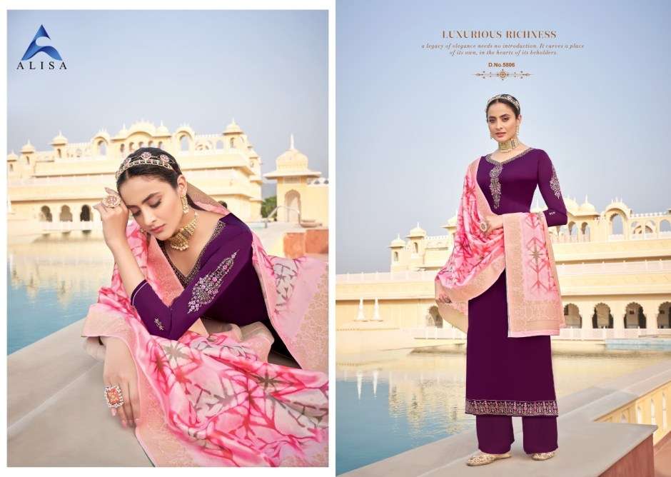 SUHAN VOL-5 BY ALISA 5801 TO 5806 SERIES BEAUTIFUL SUITS STYLISH FANCY COLORFUL CASUAL WEAR & ETHNIC WEAR SATIN GEORGETTE WITH HEAVY WORK DRESSES AT WHOLESALE PRICE