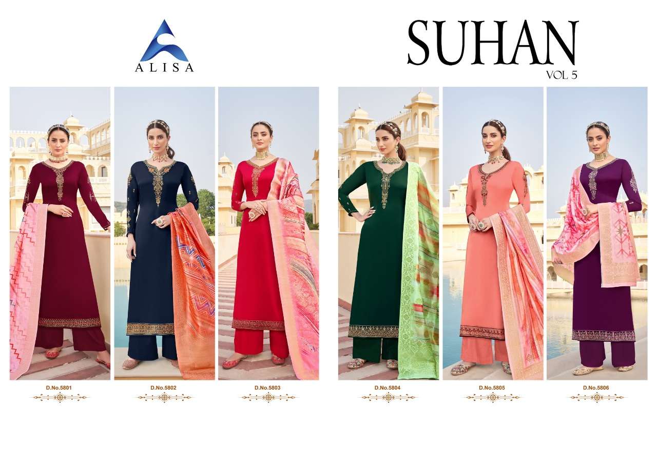 SUHAN VOL-5 BY ALISA 5801 TO 5806 SERIES BEAUTIFUL SUITS STYLISH FANCY COLORFUL CASUAL WEAR & ETHNIC WEAR SATIN GEORGETTE WITH HEAVY WORK DRESSES AT WHOLESALE PRICE