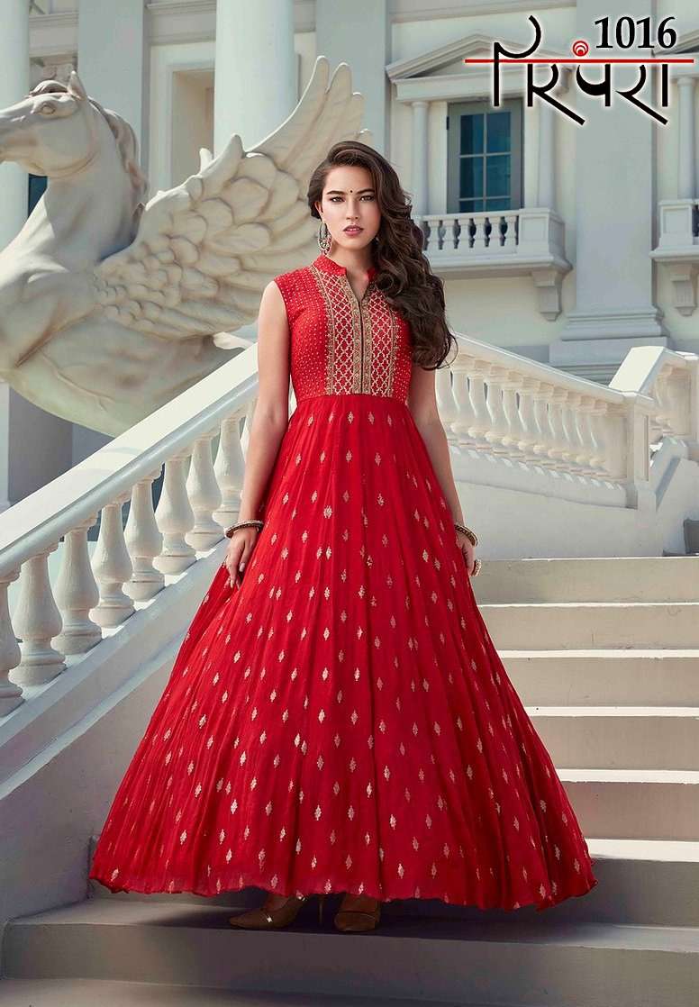 PARAMPRA VOL-4 BY PARAMPRA 1015 TO 1020 SERIES DESIGNER BEAUTIFUL STYLISH FANCY COLORFUL PARTY WEAR & OCCASIONAL WEAR FAUX GEORGETTE/CHINNON SILK/COTTON 14 KG GOWNS WITH DUPATTA AT WHOLESALE PRICE