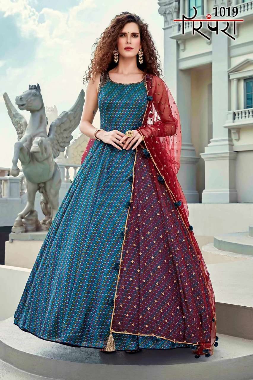 PARAMPRA VOL-4 BY PARAMPRA 1015 TO 1020 SERIES DESIGNER BEAUTIFUL STYLISH FANCY COLORFUL PARTY WEAR & OCCASIONAL WEAR FAUX GEORGETTE/CHINNON SILK/COTTON 14 KG GOWNS WITH DUPATTA AT WHOLESALE PRICE