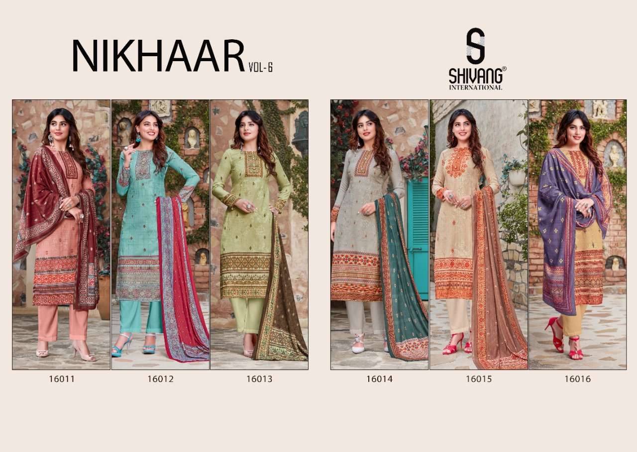 NIKHAAR VOL-6 BY SHIVANG INTERNATIONAL 16011 TO 16016 SERIES BEAUTIFUL SUITS STYLISH FANCY COLORFUL CASUAL WEAR & ETHNIC WEAR PASHMINA DIGITAL PRINTED WITH EMBROIDERY DRESSES AT WHOLESALE PRICE