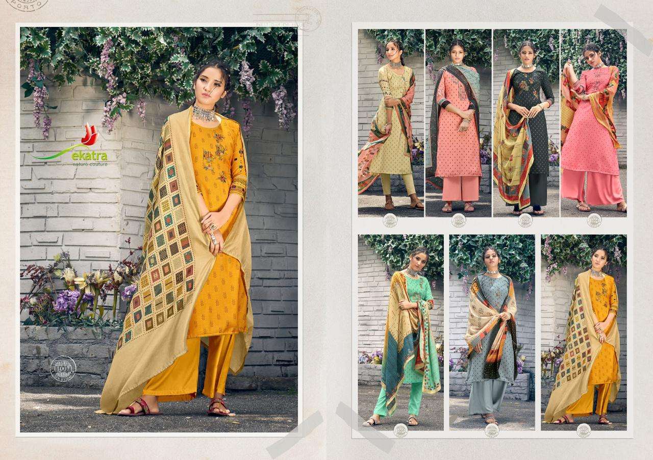 KIZIE BY EKATRA 1001 TO 1007 SERIES BEAUTIFUL SUITS STYLISH FANCY COLORFUL CASUAL WEAR & ETHNIC WEAR PURE PASHMINA PRINTED WITH EMBROIDERY DRESSES AT WHOLESALE PRICE