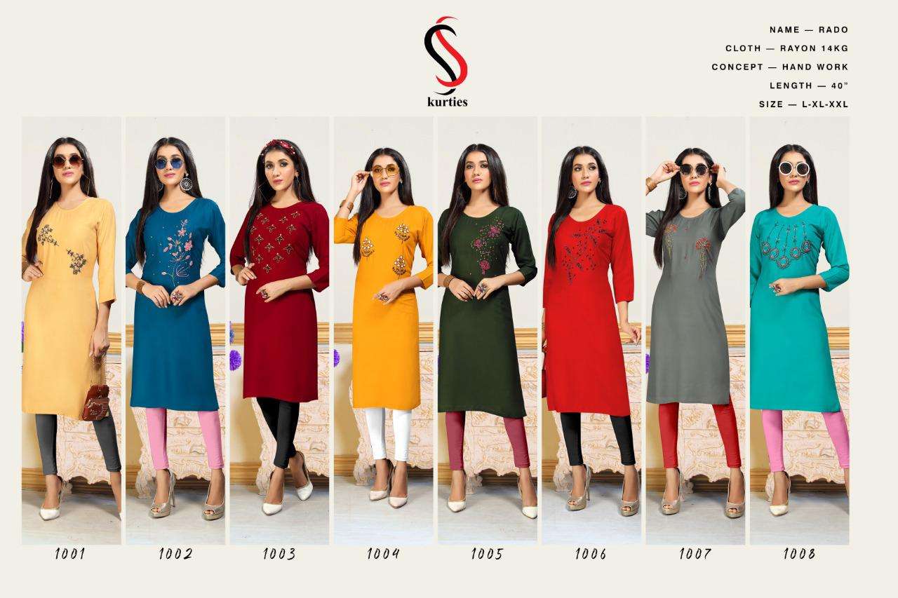 RADO BY S S KURTI 1001 TO 1008 SERIES STYLISH FANCY BEAUTIFUL COLORFUL CASUAL WEAR & ETHNIC WEAR HEAVY RAYON KURTIS AT WHOLESALE PRICE