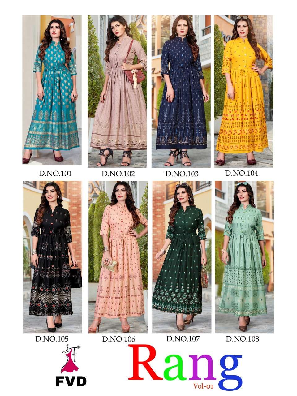 RANG BY FVD 01 TO 08 SERIES DESIGNER BEAUTIFUL STYLISH FANCY COLORFUL PARTY WEAR & OCCASIONAL WEAR RAYON 14 KG PRINTED GOWNS AT WHOLESALE PRICE