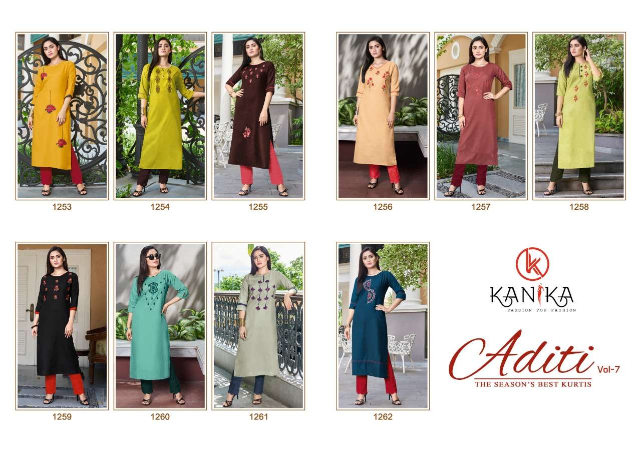 ADITI VOL-7 BY KANIKA 1253 TO 1262 SERIES STYLISH FANCY BEAUTIFUL COLORFUL CASUAL WEAR & ETHNIC WEAR RAYON SLUB WITH EMBROIDERY KURTIS AT WHOLESALE PRICE