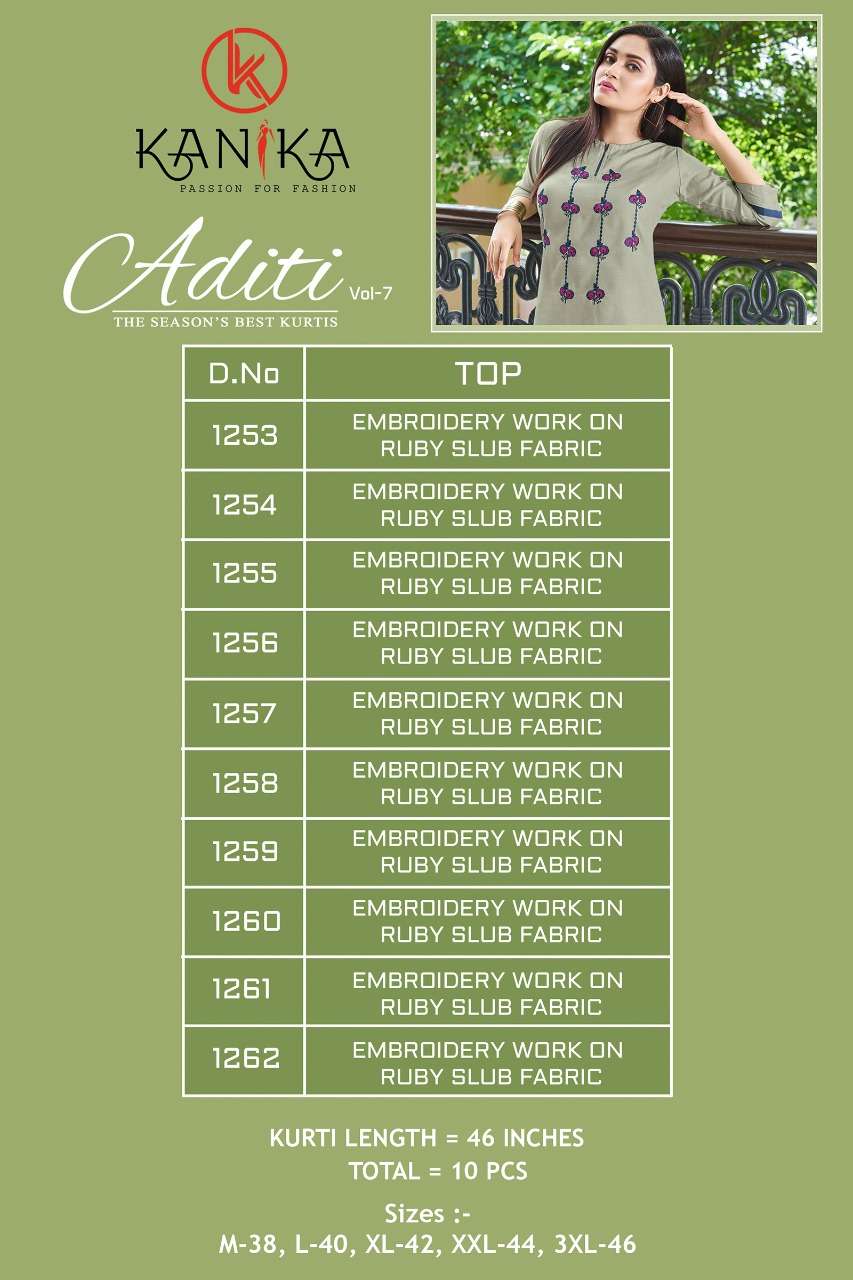 ADITI VOL-7 BY KANIKA 1253 TO 1262 SERIES STYLISH FANCY BEAUTIFUL COLORFUL CASUAL WEAR & ETHNIC WEAR RAYON SLUB WITH EMBROIDERY KURTIS AT WHOLESALE PRICE