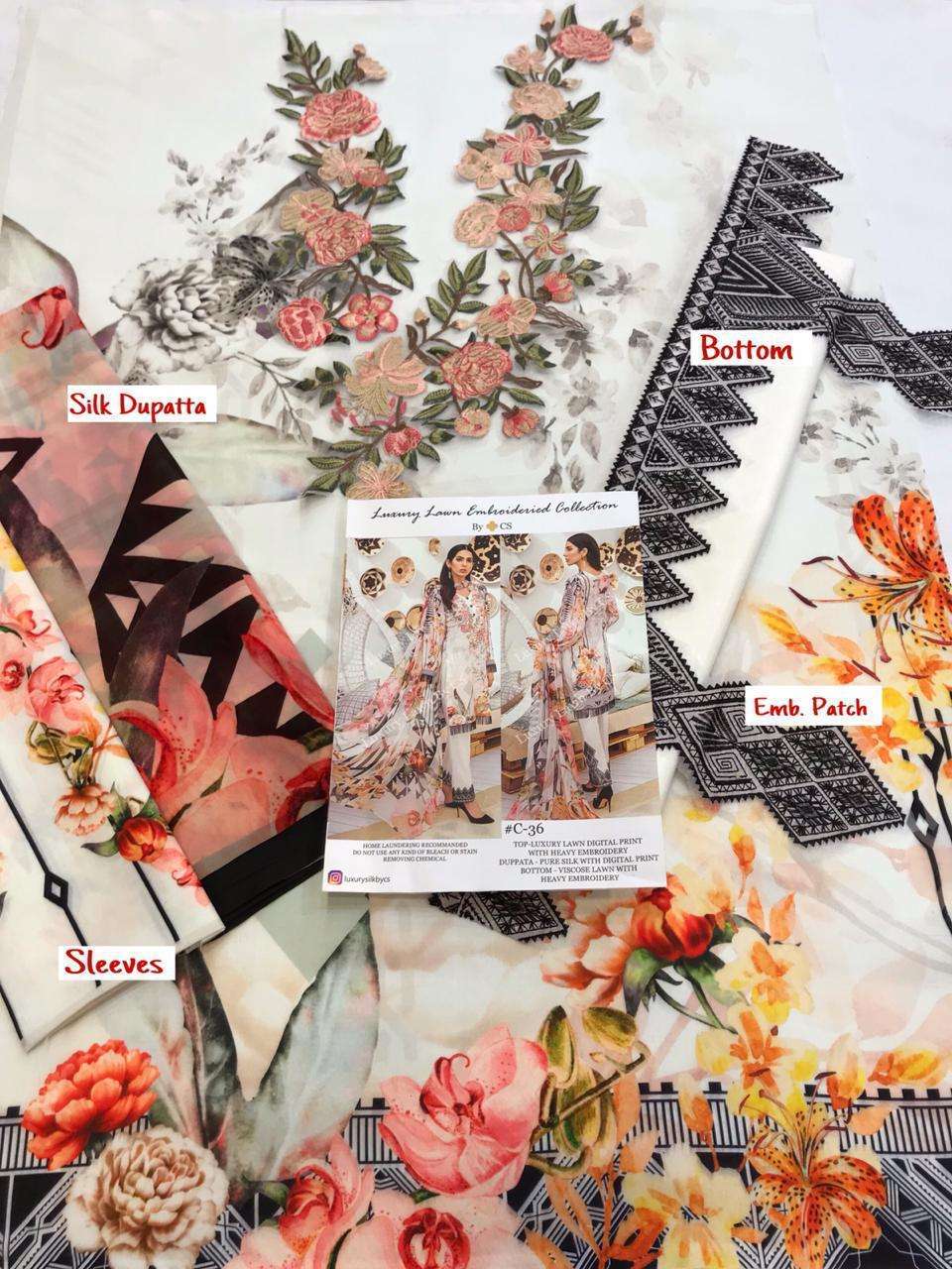 LUXURY LAWN EMBROIDERIED COLLECTION VOL-10 BY CS 34 TO 36 SERIES DESIGNER PAKISTANI SUITS BEAUTIFUL STYLISH FANCY COLORFUL PARTY WEAR & OCCASIONAL WEAR LUXURY LAWN DIGITAL PRINT WITH EMBROIDERY DRESSES AT WHOLESALE PRICE