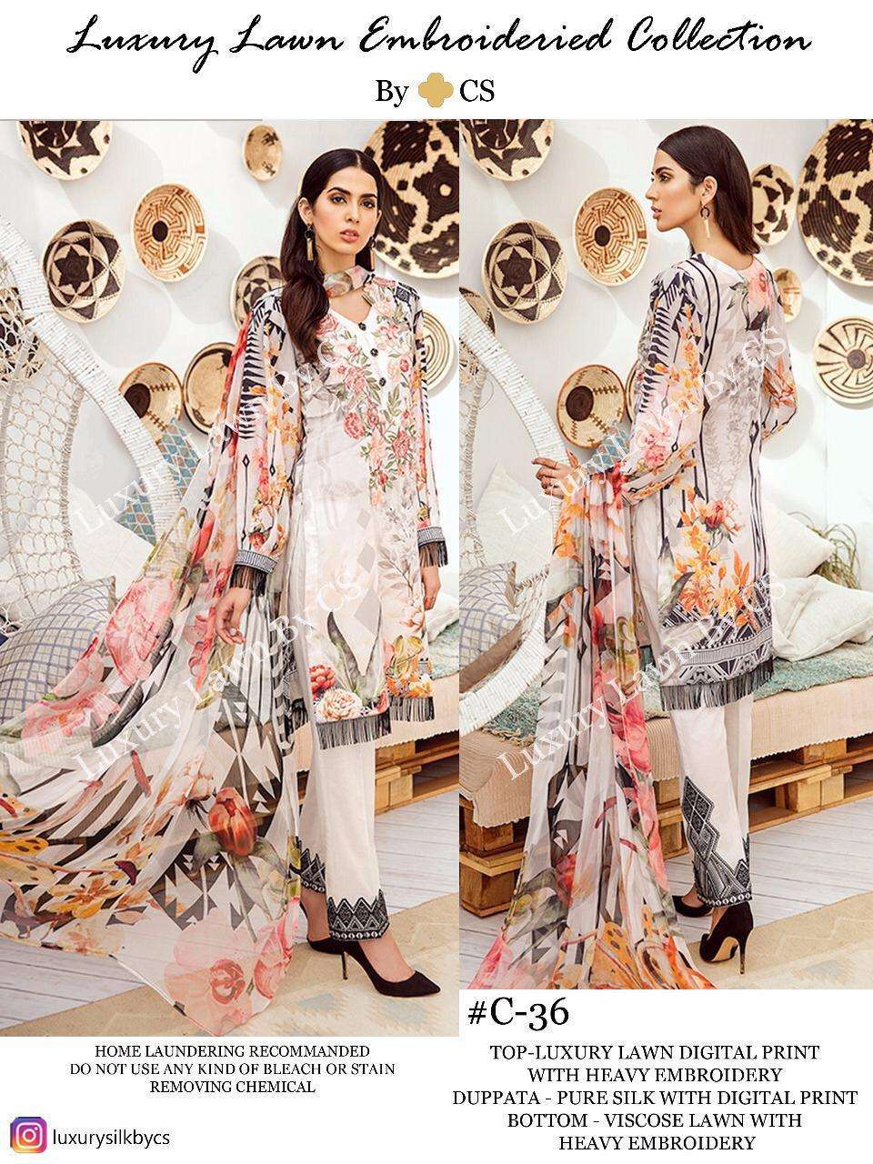 LUXURY LAWN EMBROIDERIED COLLECTION VOL-10 BY CS 34 TO 36 SERIES DESIGNER PAKISTANI SUITS BEAUTIFUL STYLISH FANCY COLORFUL PARTY WEAR & OCCASIONAL WEAR LUXURY LAWN DIGITAL PRINT WITH EMBROIDERY DRESSES AT WHOLESALE PRICE