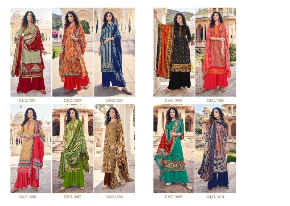 TAJ BY SUMYRA 1001 TO 1010 SERIES BEAUTIFUL STYLISH SHARARA SUITS FANCY COLORFUL CASUAL WEAR & ETHNIC WEAR & READY TO WEAR PASHMINA PRINTED DRESSES AT WHOLESALE PRICE