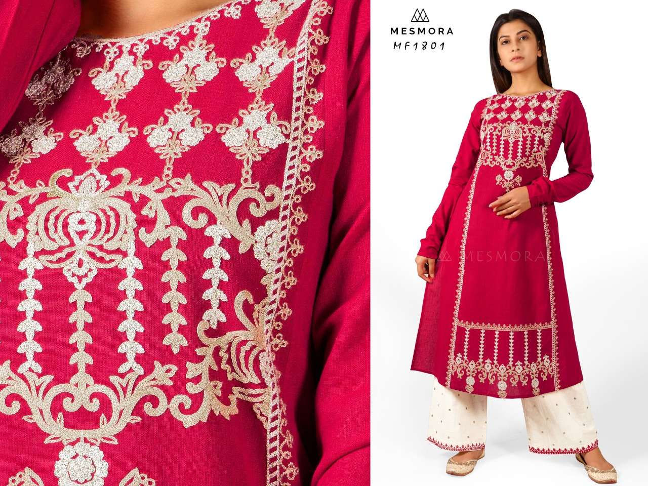 GULMOHAR BY MESMORA 1801 TO 1808 SERIES STYLISH FANCY BEAUTIFUL COLORFUL CASUAL WEAR & ETHNIC WEAR KHADI WITH EMBROIDERY KURTIS WITH BOTTOM AT WHOLESALE PRICE
