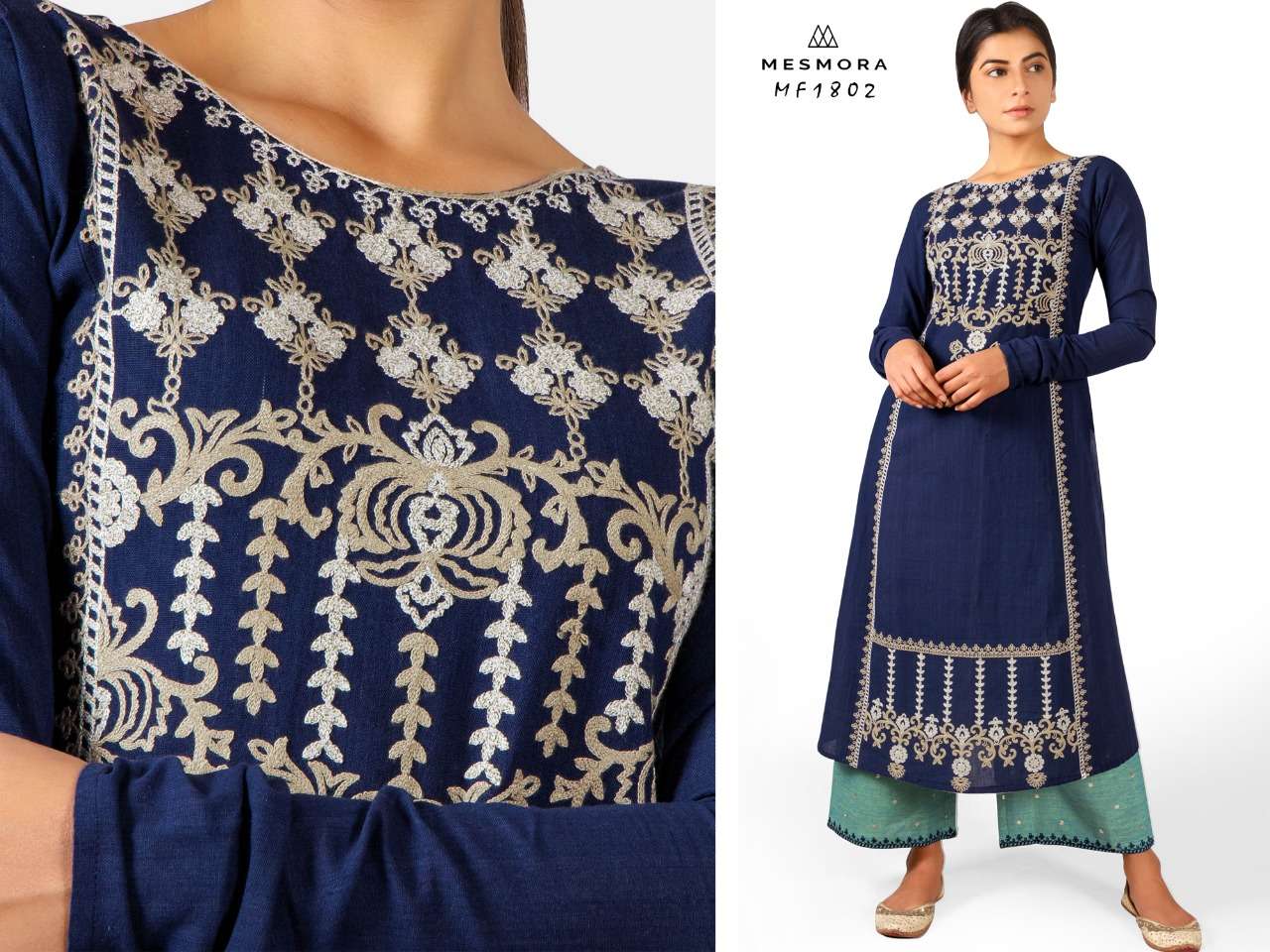 GULMOHAR BY MESMORA 1801 TO 1808 SERIES STYLISH FANCY BEAUTIFUL COLORFUL CASUAL WEAR & ETHNIC WEAR KHADI WITH EMBROIDERY KURTIS WITH BOTTOM AT WHOLESALE PRICE