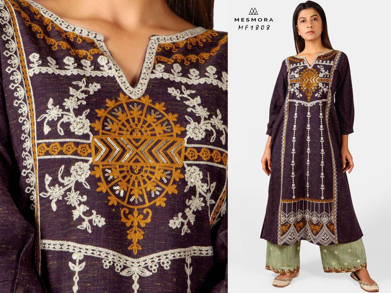GULMOHAR BY MESMORA 1801 TO 1808 SERIES STYLISH FANCY BEAUTIFUL COLORFUL CASUAL WEAR & ETHNIC WEAR KHADI WITH EMBROIDERY KURTIS WITH BOTTOM AT WHOLESALE PRICE