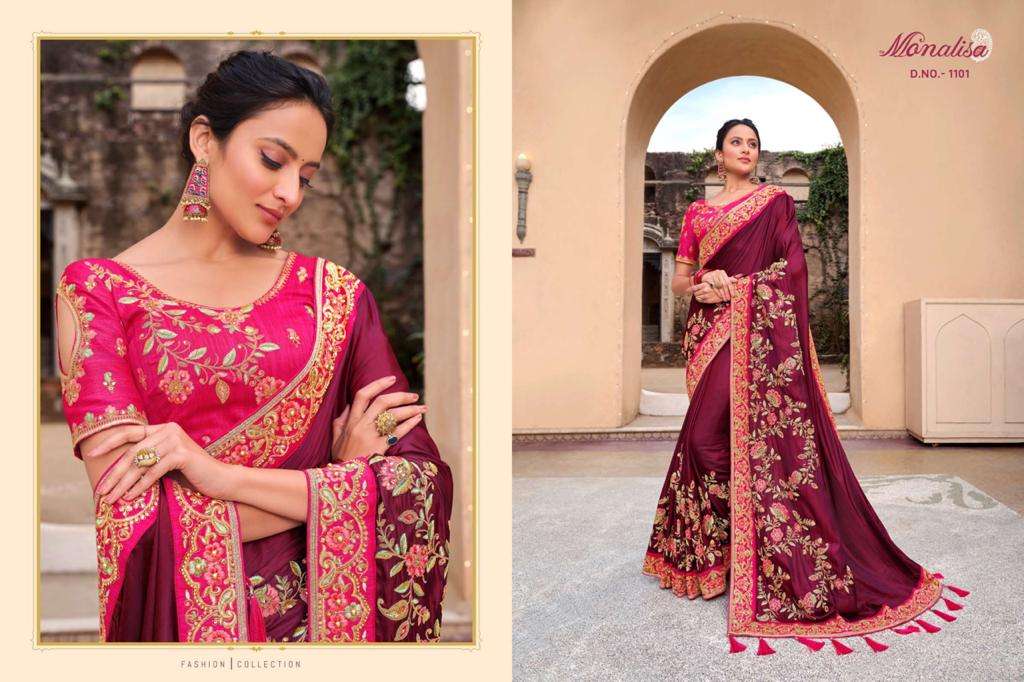 MONALISA 1100 SERIES BY MONALISA 1101 TO 1114 SERIES INDIAN TRADITIONAL WEAR COLLECTION BEAUTIFUL STYLISH FANCY COLORFUL PARTY WEAR & OCCASIONAL WEAR SATIN GEORGETTE SAREES AT WHOLESALE PRICE
