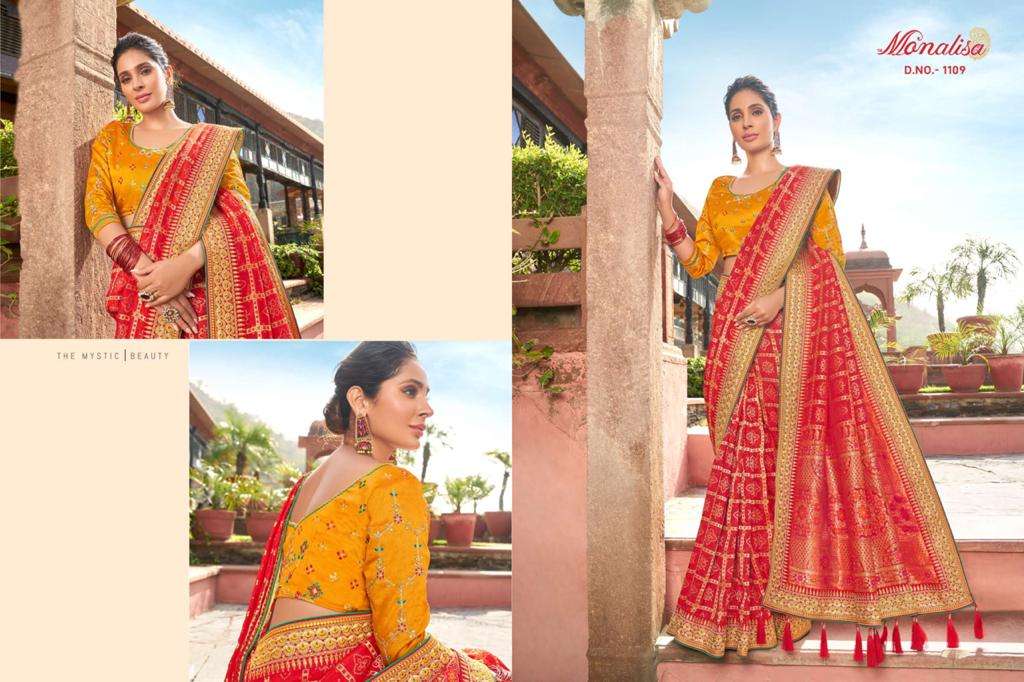 MONALISA 1100 SERIES BY MONALISA 1101 TO 1114 SERIES INDIAN TRADITIONAL WEAR COLLECTION BEAUTIFUL STYLISH FANCY COLORFUL PARTY WEAR & OCCASIONAL WEAR SATIN GEORGETTE SAREES AT WHOLESALE PRICE