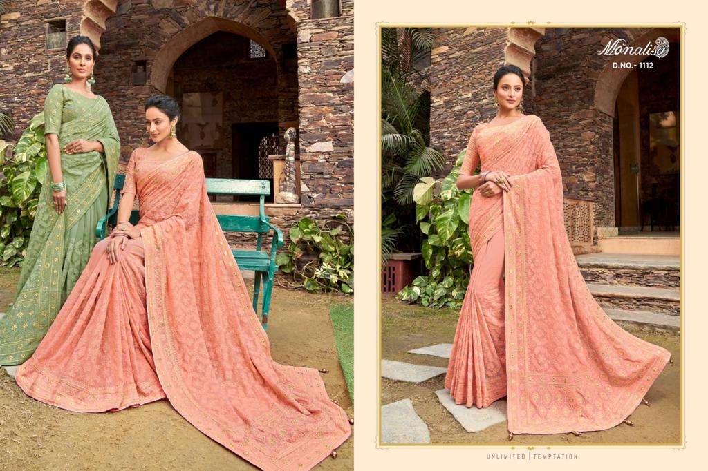 MONALISA 1100 SERIES BY MONALISA 1101 TO 1114 SERIES INDIAN TRADITIONAL WEAR COLLECTION BEAUTIFUL STYLISH FANCY COLORFUL PARTY WEAR & OCCASIONAL WEAR SATIN GEORGETTE SAREES AT WHOLESALE PRICE