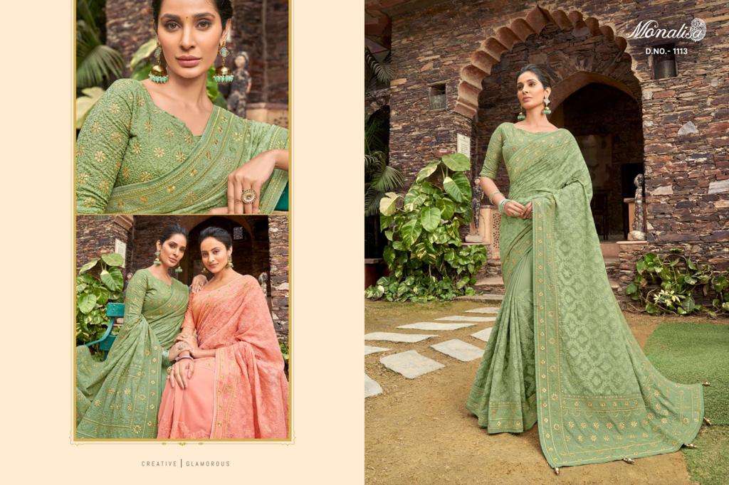 MONALISA 1100 SERIES BY MONALISA 1101 TO 1114 SERIES INDIAN TRADITIONAL WEAR COLLECTION BEAUTIFUL STYLISH FANCY COLORFUL PARTY WEAR & OCCASIONAL WEAR SATIN GEORGETTE SAREES AT WHOLESALE PRICE