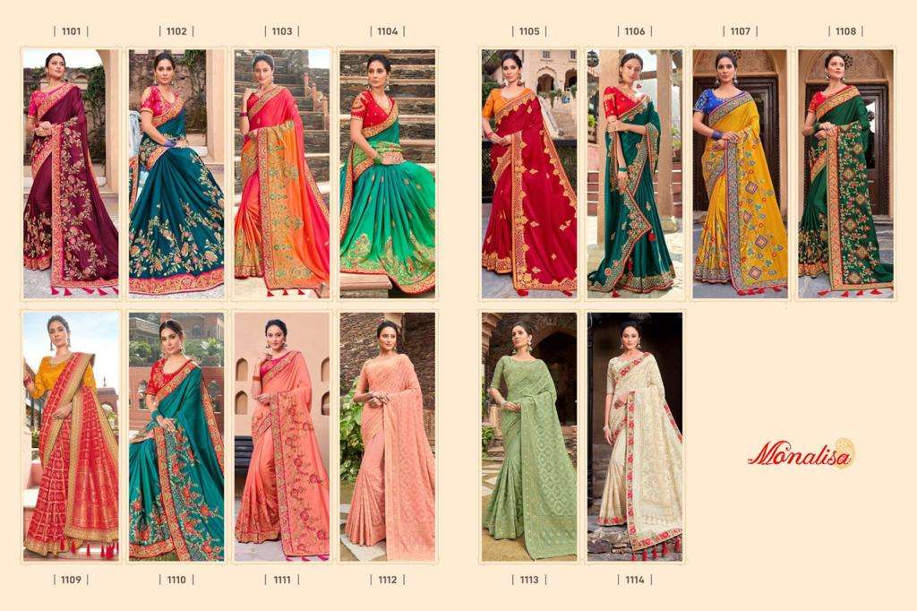 MONALISA 1100 SERIES BY MONALISA 1101 TO 1114 SERIES INDIAN TRADITIONAL WEAR COLLECTION BEAUTIFUL STYLISH FANCY COLORFUL PARTY WEAR & OCCASIONAL WEAR SATIN GEORGETTE SAREES AT WHOLESALE PRICE