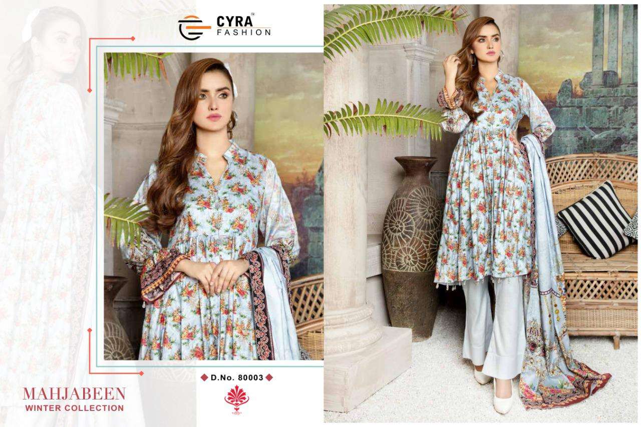 MAHJABEEN WINTER COLLECTION BY CYRA FASHION 81001 TO 81005 SERIES BEAUTIFUL STYLISH SHARARA SUITS FANCY COLORFUL CASUAL WEAR & ETHNIC WEAR & READY TO WEAR PURE PASHMINA PRINTED DRESSES AT WHOLESALE PRICE