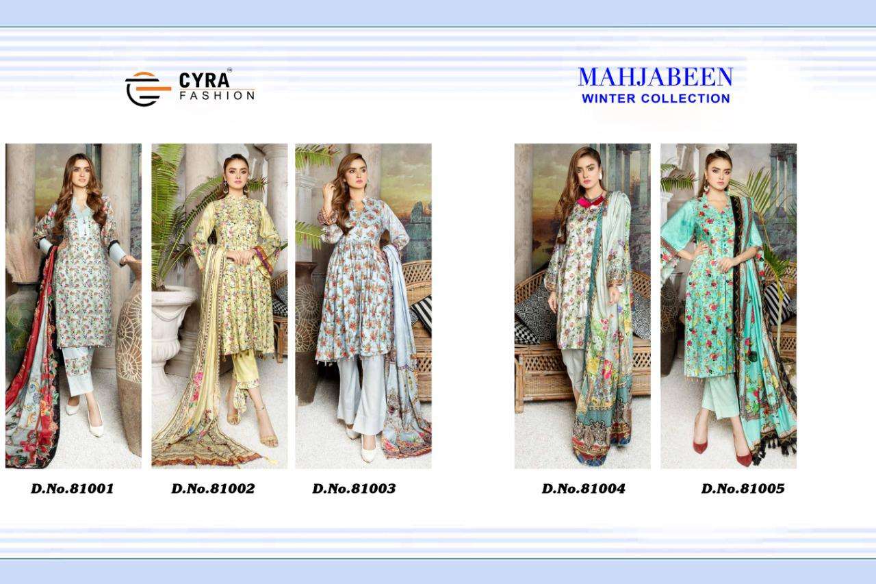 MAHJABEEN WINTER COLLECTION BY CYRA FASHION 81001 TO 81005 SERIES BEAUTIFUL STYLISH SHARARA SUITS FANCY COLORFUL CASUAL WEAR & ETHNIC WEAR & READY TO WEAR PURE PASHMINA PRINTED DRESSES AT WHOLESALE PRICE