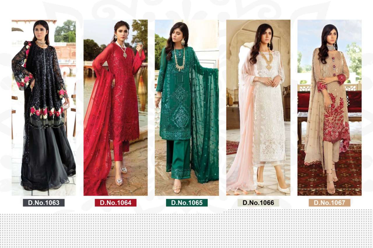 ELEONORA COLLECTION BY KHAYYIRA 1063 TO 1067 SERIES BEAUTIFUL STYLISH SHARARA SUITS FANCY COLORFUL CASUAL WEAR & ETHNIC WEAR & READY TO WEAR HEAVY GEORGETTE WITH EMBROIDERY DRESSES AT WHOLESALE PRICE