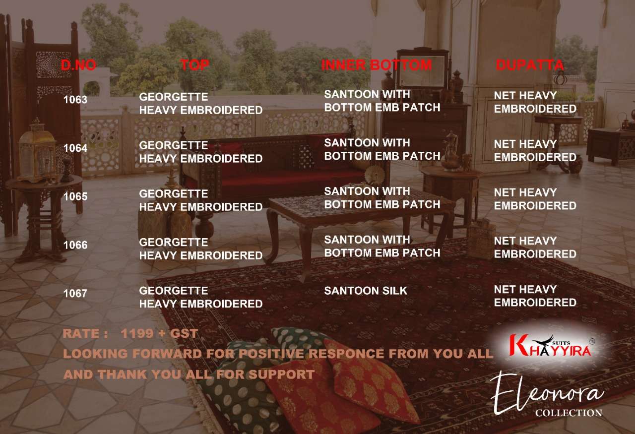 ELEONORA COLLECTION BY KHAYYIRA 1063 TO 1067 SERIES BEAUTIFUL STYLISH SHARARA SUITS FANCY COLORFUL CASUAL WEAR & ETHNIC WEAR & READY TO WEAR HEAVY GEORGETTE WITH EMBROIDERY DRESSES AT WHOLESALE PRICE