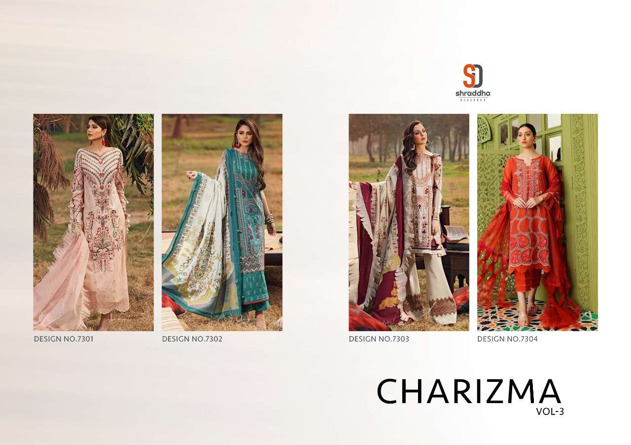 CHARIZMA VOL-3 BY SHRADDHA DESIGNER 7301 TO 7304 SERIES BEAUTIFUL WINTER COLLECTION SUITS STYLISH FANCY COLORFUL CASUAL WEAR & ETHNIC WEAR PURE CAMBRIC COTTON WITH EMBROIDERY DRESSES AT WHOLESALE PRICE