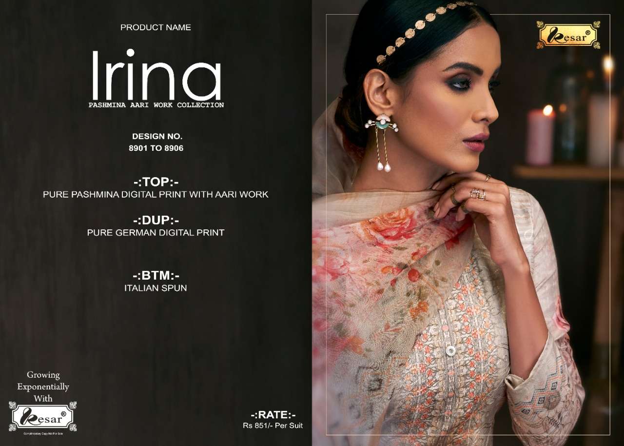 IRINA BY KESAR 8801 TO 8806 SERIES PAKISTANI SUITS BEAUTIFUL FANCY COLORFUL STYLISH PARTY WEAR & OCCASIONAL WEAR PASHMINA DIGITAL PRINTED WITH AARI WORK DRESSES AT WHOLESALE PRICE