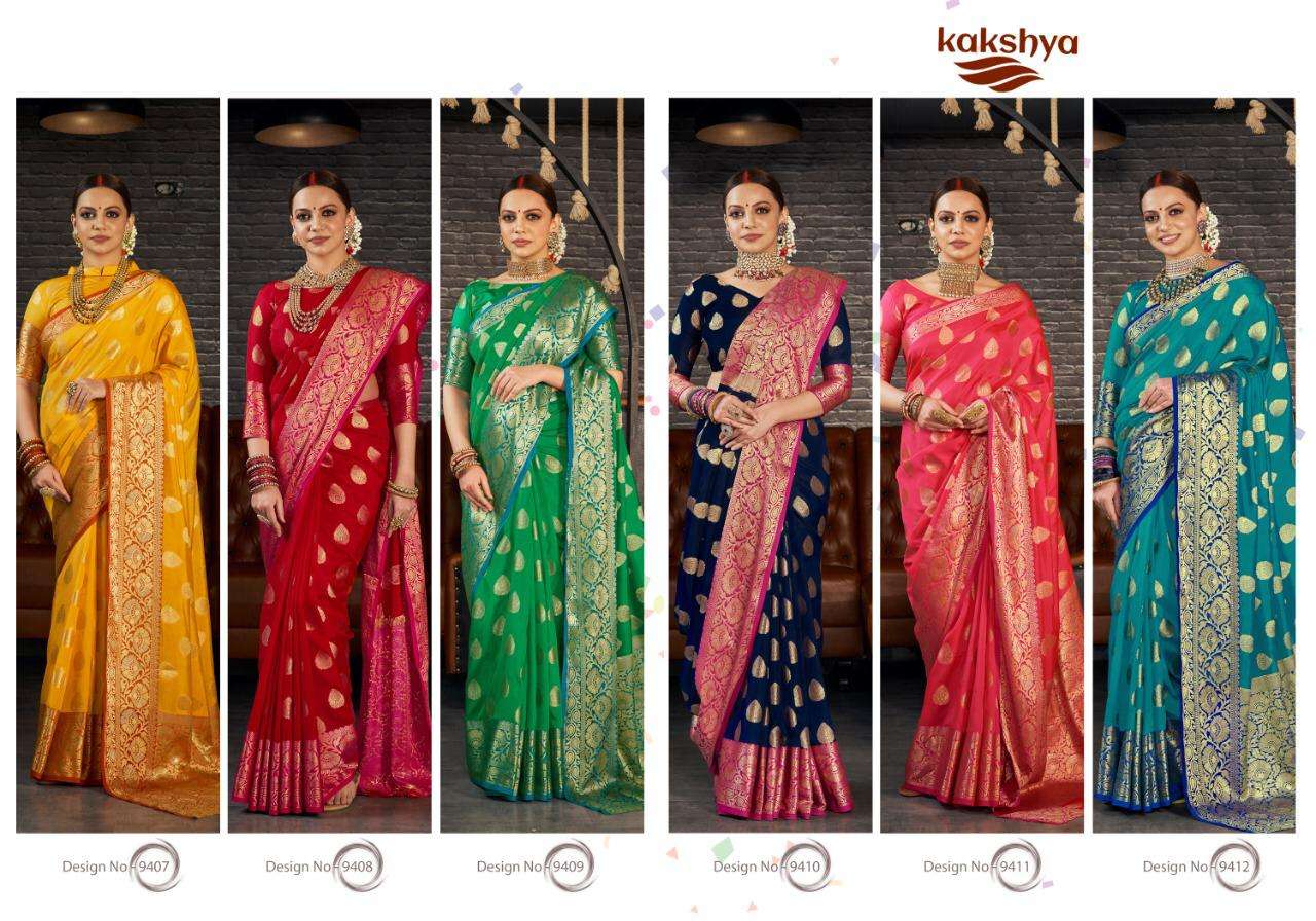 AISHWARYA BY KAKSHYA 9407 TO 9412 SERIES INDIAN TRADITIONAL WEAR COLLECTION BEAUTIFUL STYLISH FANCY COLORFUL PARTY WEAR & OCCASIONAL WEAR SANA SILK SAREES AT WHOLESALE PRICE