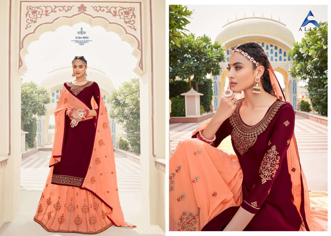 KIARA VOL-6 BY ALIZA 5901 TO 5906 SERIES BEAUTIFUL STYLISH PATIALA SUITS FANCY COLORFUL CASUAL WEAR & ETHNIC WEAR & READY TO WEAR SATIN GEORGETTE DRESSES AT WHOLESALE PRICE
