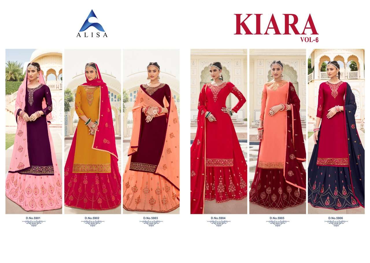 KIARA VOL-6 BY ALIZA 5901 TO 5906 SERIES BEAUTIFUL STYLISH PATIALA SUITS FANCY COLORFUL CASUAL WEAR & ETHNIC WEAR & READY TO WEAR SATIN GEORGETTE DRESSES AT WHOLESALE PRICE