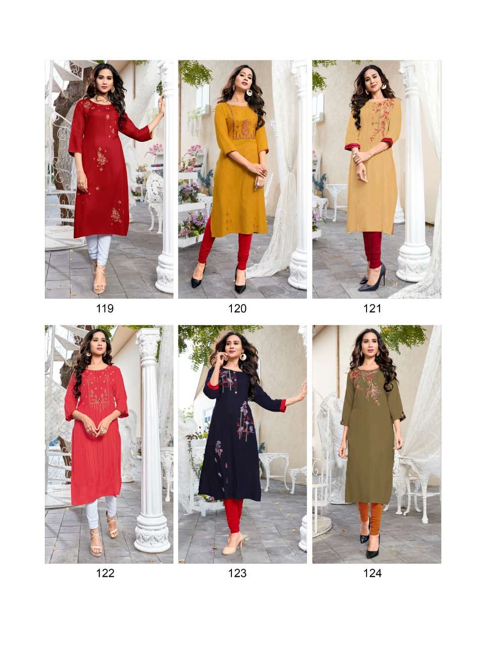 PANCHI BY AAPLE KURTI 119 TO 124 SERIES BEAUTIFUL STYLISH COLORFUL FANCY PARTY WEAR & ETHNIC WEAR & READY TO WEAR RAYON 14 KG PRINTED KURTIS AT WHOLESALE PRICE