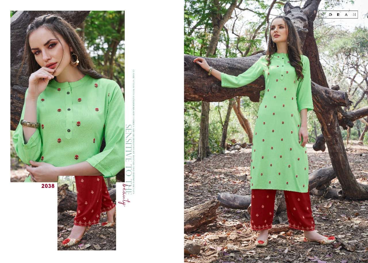 NIRVI BY NORAH 2038 TO 2041 SERIES STYLISH FANCY BEAUTIFUL COLORFUL CASUAL WEAR & ETHNIC WEAR RAYON SLUB EMBROIDERY KURTIS WITH BOTTOM AT WHOLESALE PRICE